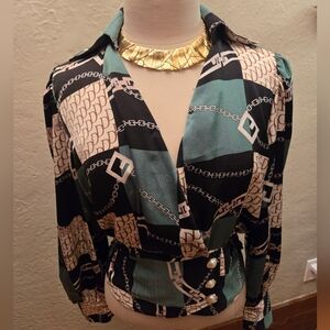 Versace-Inspired Chain Print Blouse – Smocked Waist, Gold Buttons (Y2K Luxe)